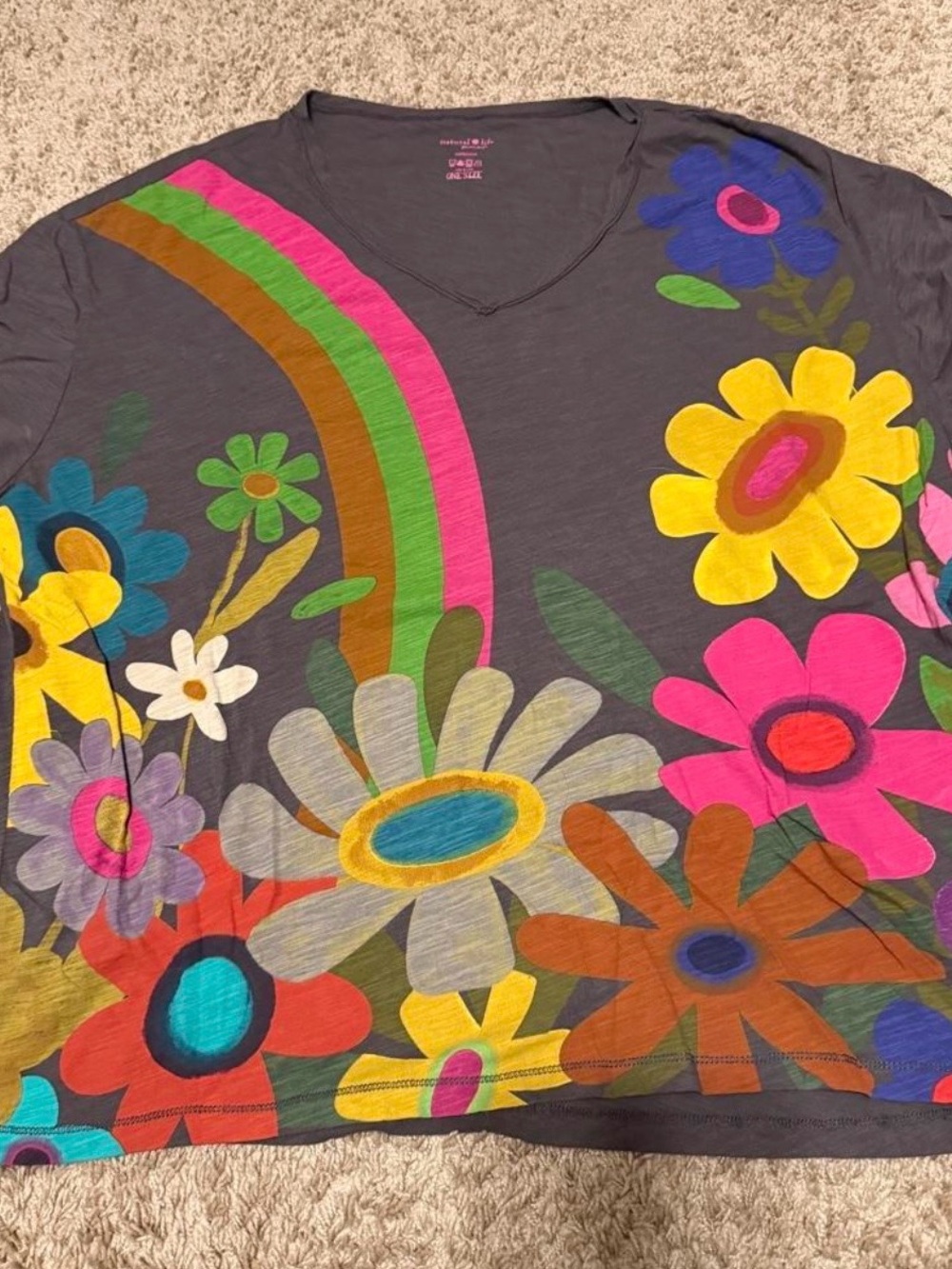 NATURAL LIFE Charcoal V-Neck Tee with Pink and Green Accents
